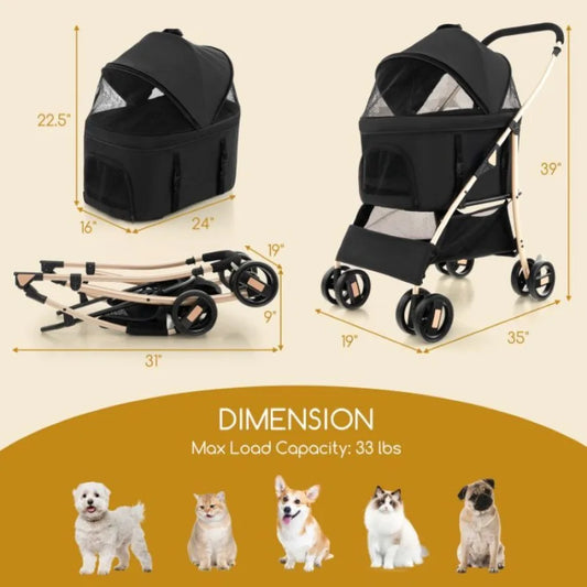 Foldable 3In1 Pet Stroller with Removable Seat Carrier