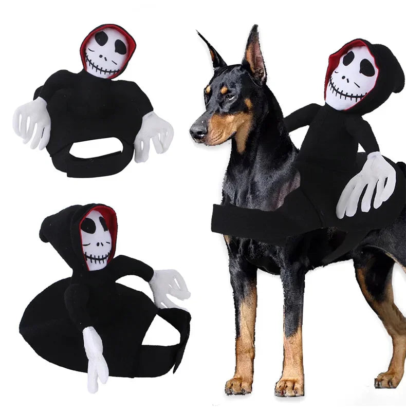 Halloween Death Rider Dog Costume Adjustable Skeleton Jumpsuit Riding Outfit Halloween Pets Cat Dog Spooky Cosplay Dress Up