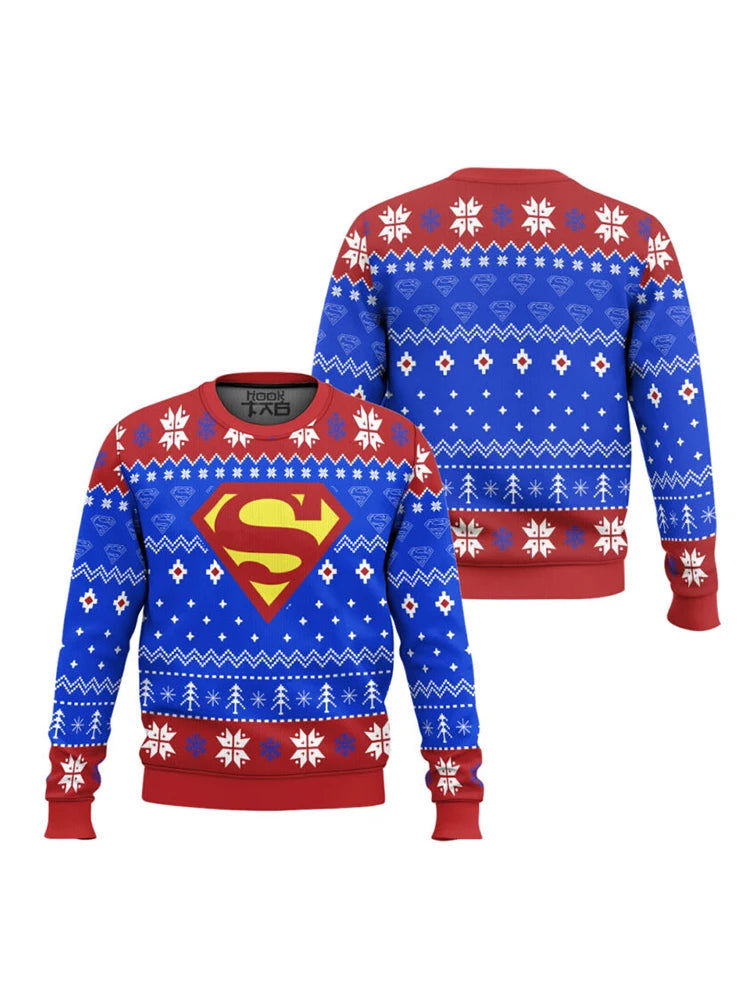 Marvel Superman Hooded Ugly Sweater Men's Winter Sweater Blue Red Cool Trendy Temperament Versatile Snowflake Christmas Tree