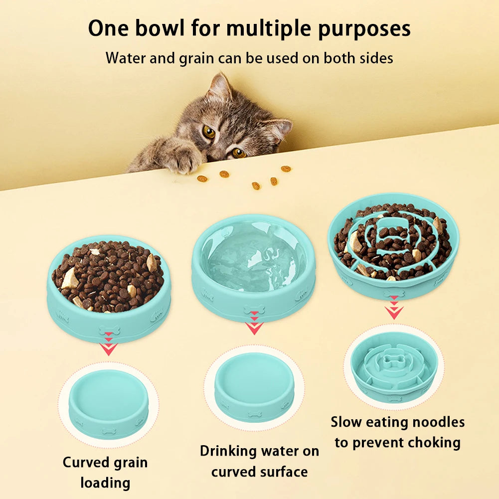 2-in-1 Pets Silicone Slow Feeder, 10 Degree Tilted Multifunctional Portable Double-sided Food Water Bowls Slow Feeding Bowl