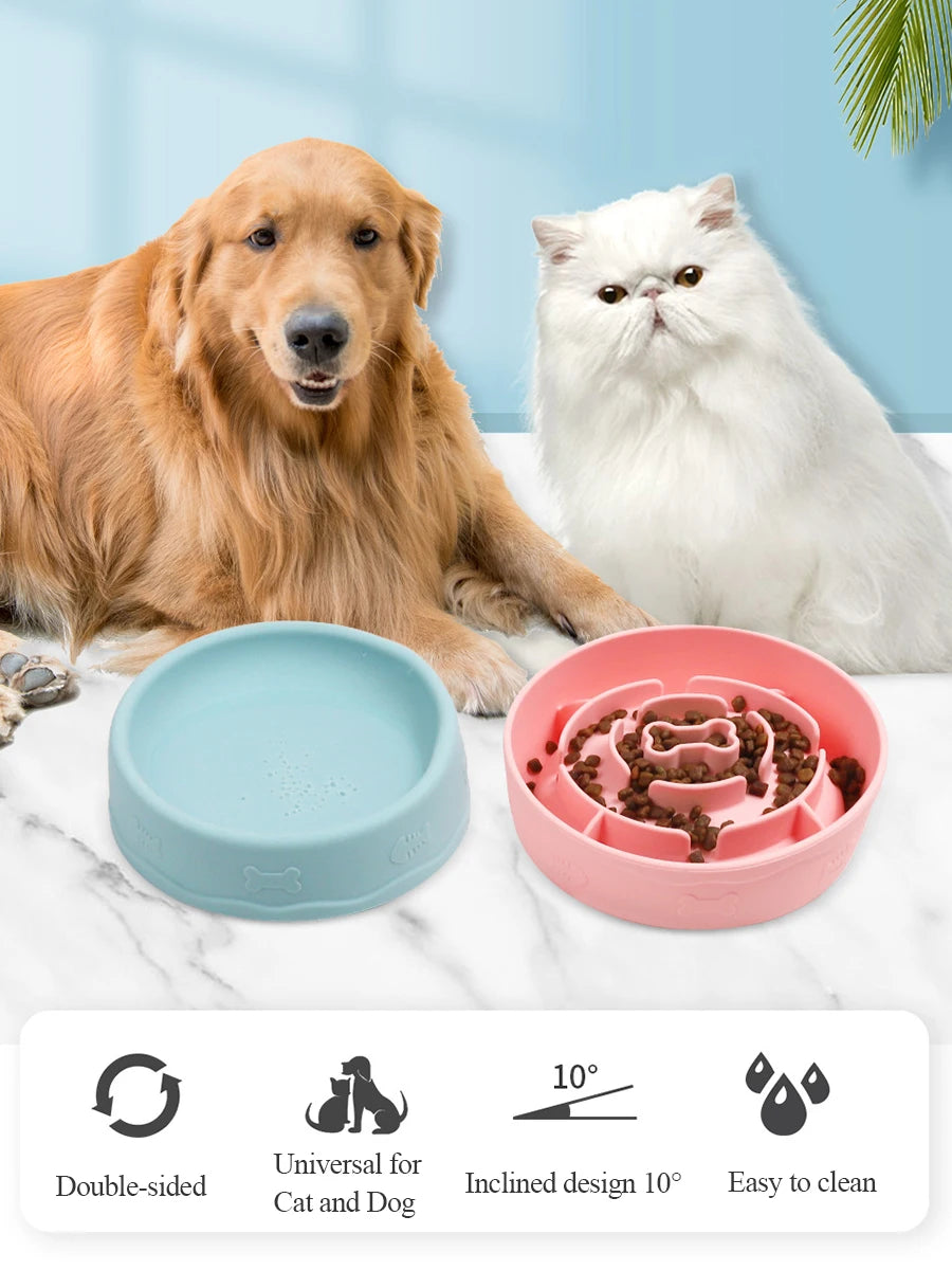 2-in-1 Pets Silicone Slow Feeder, 10 Degree Tilted Multifunctional Portable Double-sided Food Water Bowls Slow Feeding Bowl