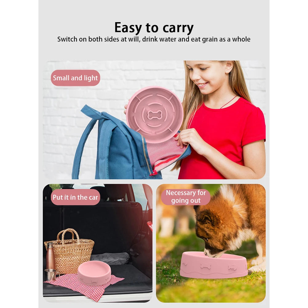 2-in-1 Pets Silicone Slow Feeder, 10 Degree Tilted Multifunctional Portable Double-sided Food Water Bowls Slow Feeding Bowl