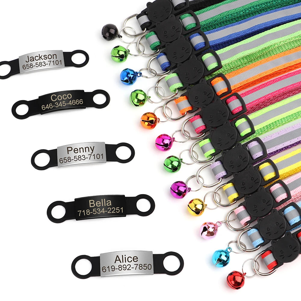 Customized Cat Collar Reflective Cat Collar Free Engraved Puppy Kitten Pet ID Nameplate Necklace With Bell Anti-lost For Cats