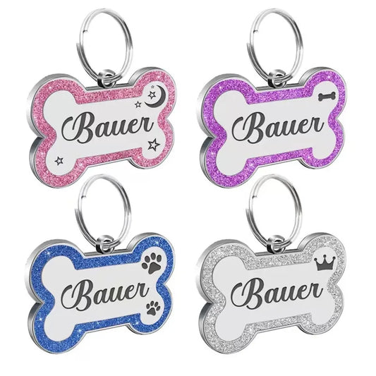 Custom Double Side Dog Cat ID Tag Glitter Dogs Cats Name Pendant Tags Pet Collar Accessories Anti-lost Bone Tags for Dog Cat